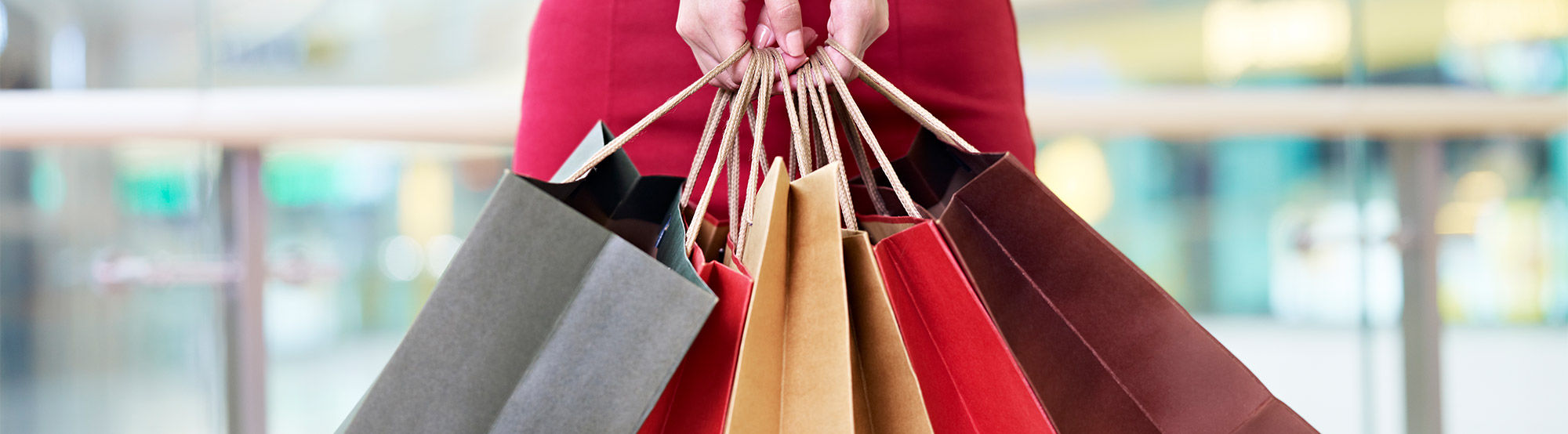 Paperbags of different colors in womans hands